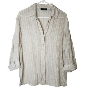 Harve Benard 100% Linen Beige Shirt Blouse Roll Tab Sleeves Button Up Size XL